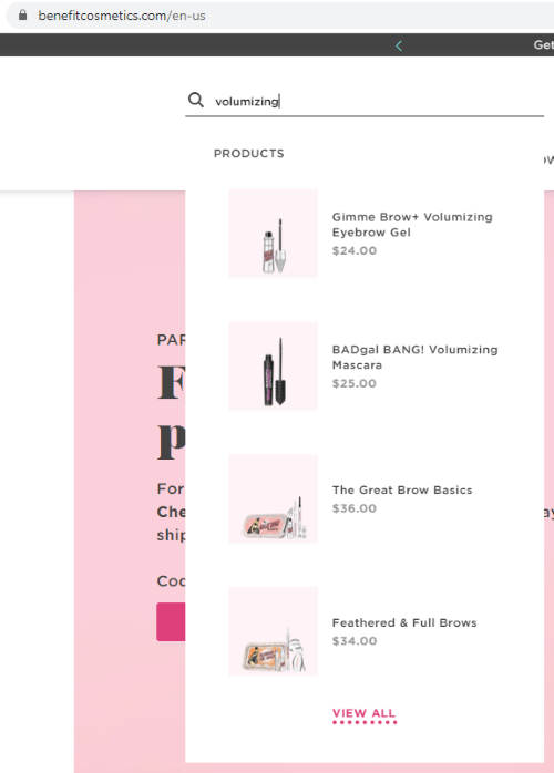 Benefit Cosmetics typeahead search example