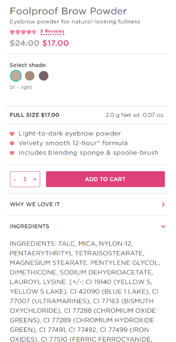 Benefit Cosmetics ingredients description