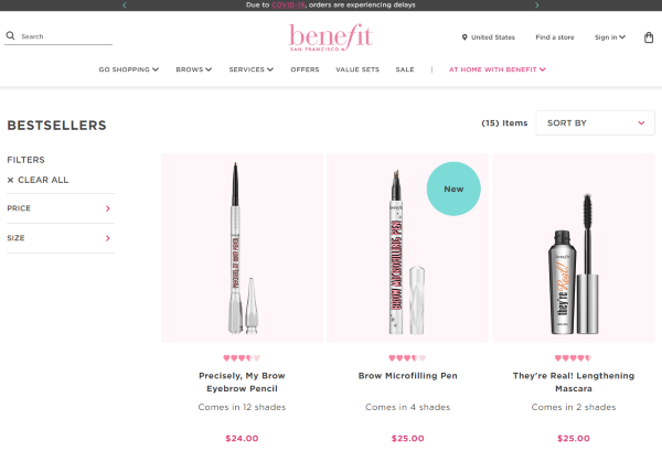 Benefit Cosmetics website screenshot
