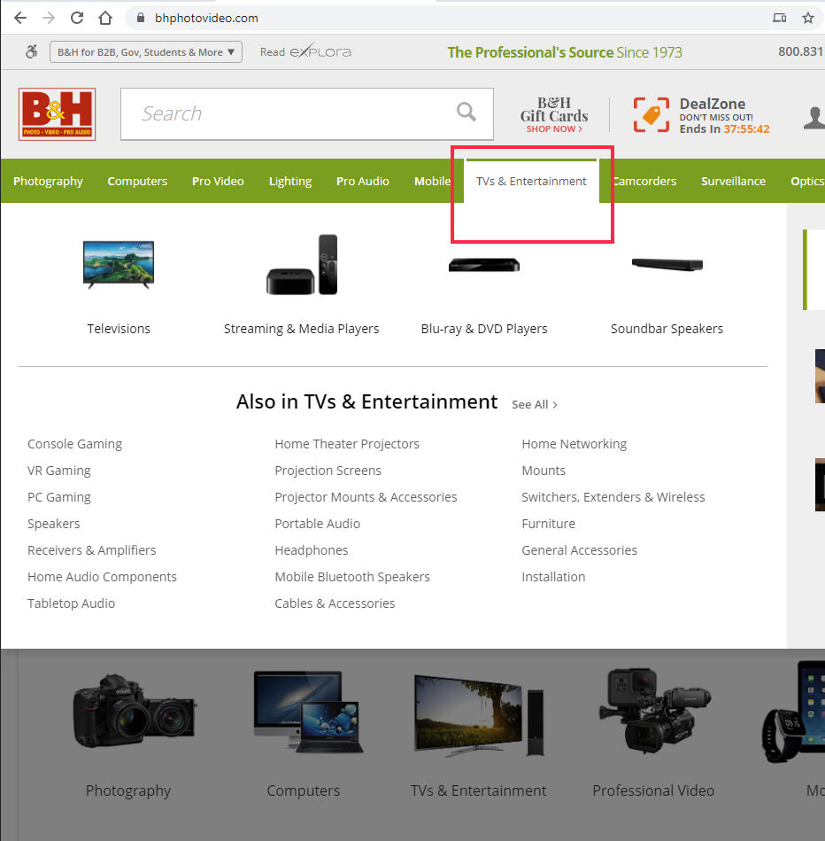 B&H Photo Video website showing super menu when hovering on TV category in the top navigation bar