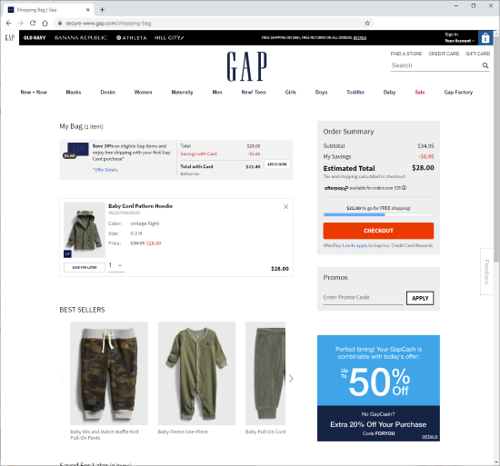 Screenshot of cart page in first step of checkout at Gap.com