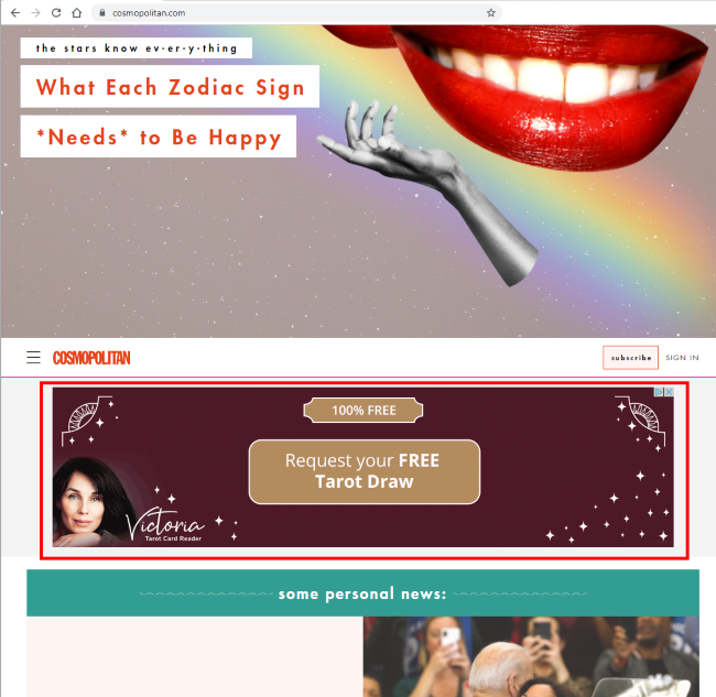 Example of a banner advertisement (highlighted in red) on Cosmopolitan website  (Source: Cosmopolitan)