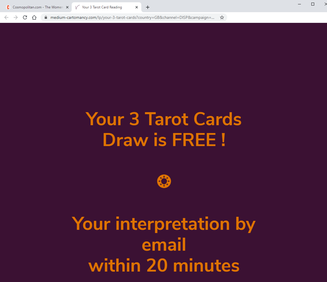 Example landing page reached after clicking on a banner advertisement  (Source: Medium Cartomancy)