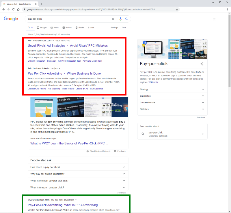 Screenshot of search engine results page showing PPC and organic results  (Source: Google)
