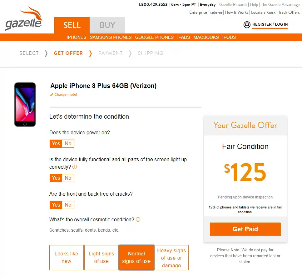 Screenshot from Gazelle showing the offer price for a used cell phone (Source: Gazelle)