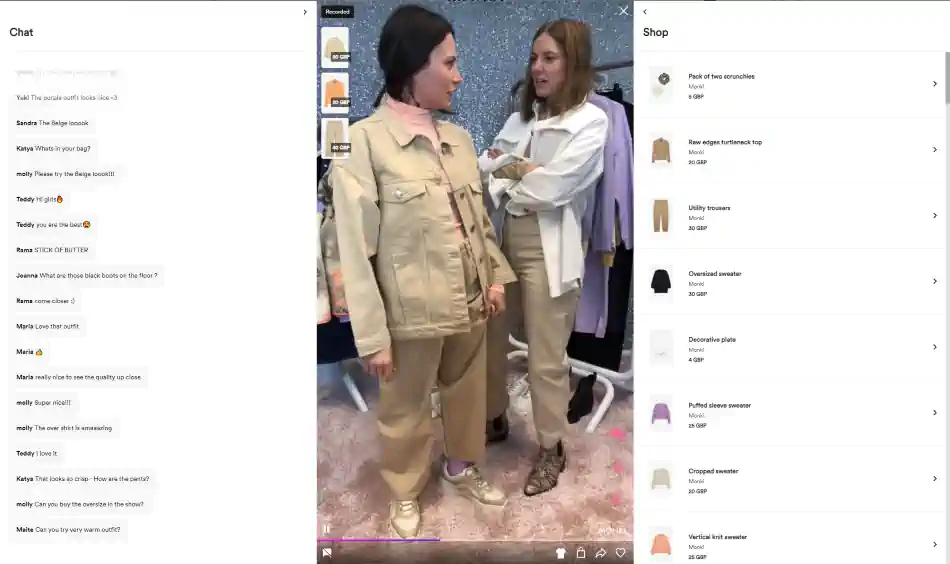 Screenshot from Monki live stream shopping event