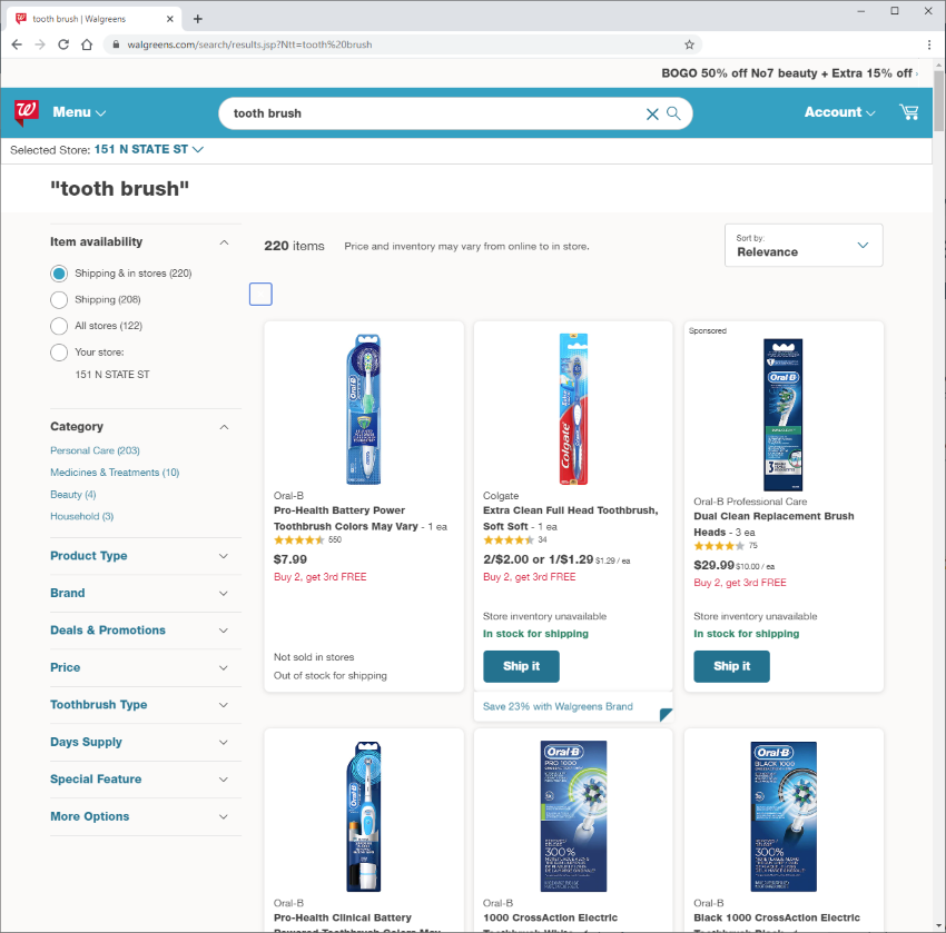 Screenshot Walgreens Product Listing Page with Search Facets