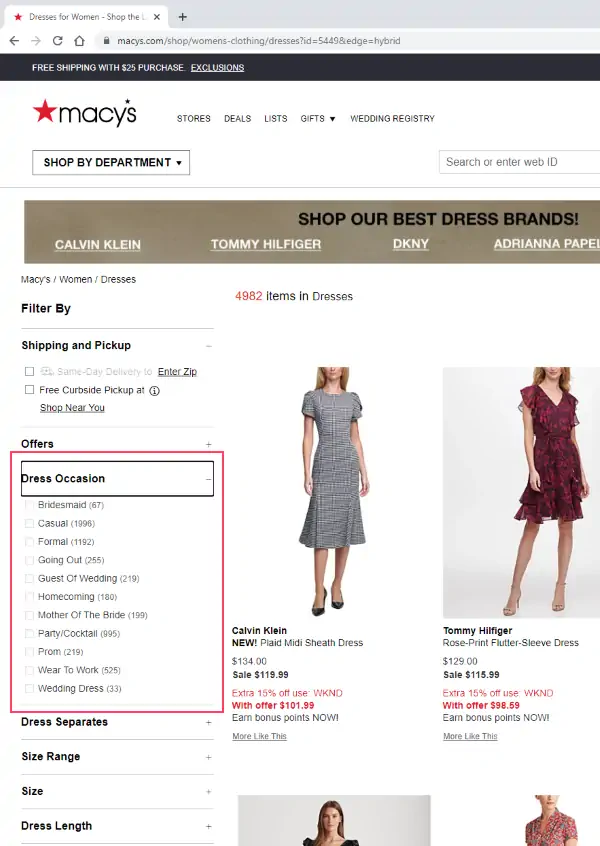 Faceted search example from Macy's website (dresses category) - the Dress Occasion facet is highlighted