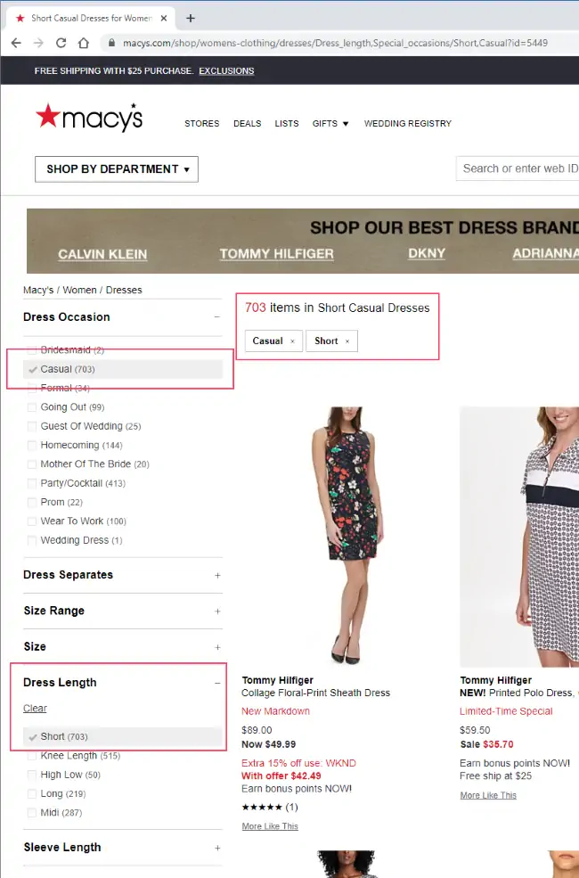 Faceted Search with two facets (Dress Occasion is Casual and Dress Length is Short) selected. The page reports 703 matching items, just above the "breadcrumb" where facet filtering can be undone.