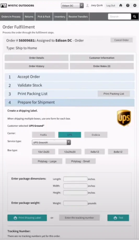 Example Mobile Shipping Screen in an OMS